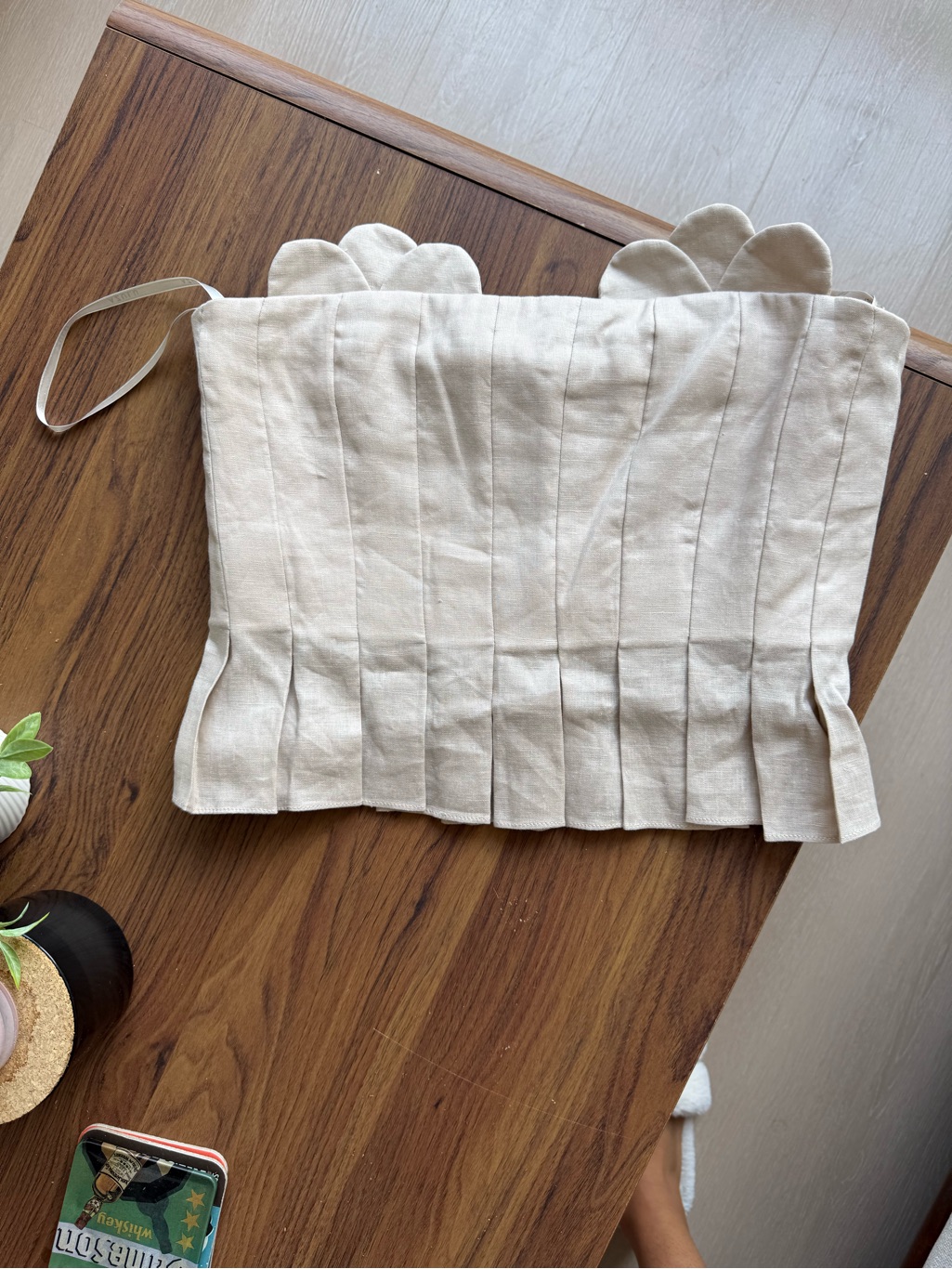 Beige Pleated Scallop Strapless Crop Top